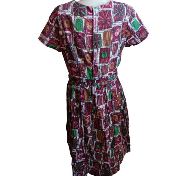 Women's 10 Vintage 1950's Dress Kay Whitney Abstract Cutout Neckline & Belt MCM - Picture 3 of 8